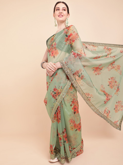 Sangria Olive Green & Red Floral Printed Organza Saree With Sequinned Blouse piece - Image 4