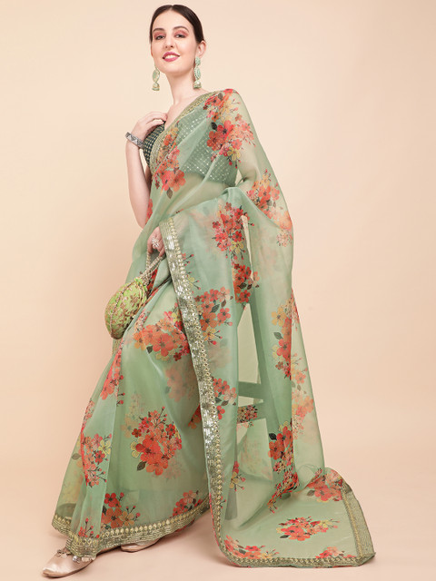 Sangria Olive Green & Red Floral Printed Organza Saree With Sequinned Blouse piece - Image 3