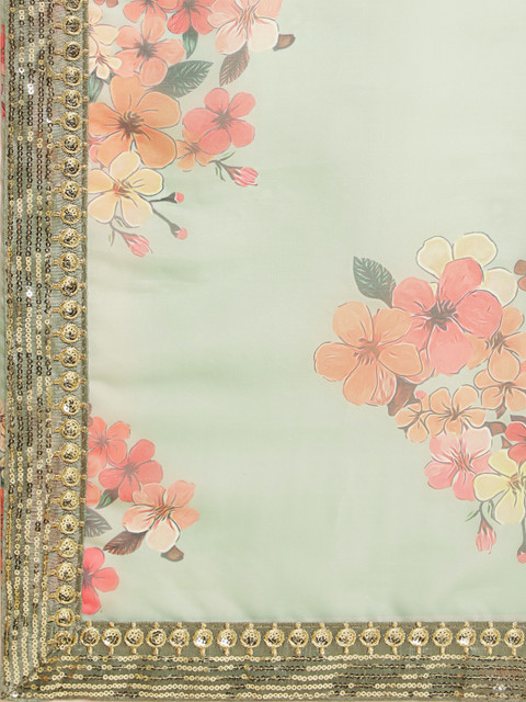 Sangria Olive Green & Red Floral Printed Organza Saree With Sequinned Blouse piece - Image 7
