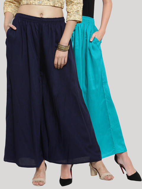 Clora Creation Women Set Of 2 Navy Blue & Turquoise Blue Ethnic Palazzos