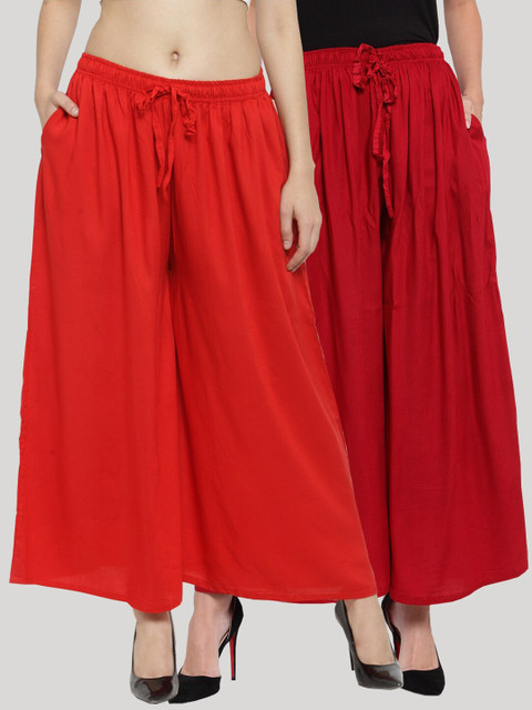 Clora Creation Women Pack Of 2 Red 7 Maroon Solid Wide Leg Palazzos