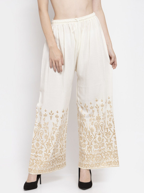 Clora Creation Women Cream-Coloured & Gold-Toned Floral Printed Knitted Ethnic Palazzos
