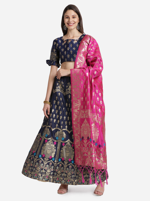 Mitera Navy Blue & Magenta Woven Semi-Stitched Lehenga & Unstitched Choli With Dupatta