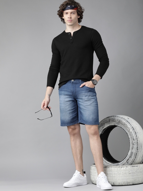 Roadster Men Black Self-Design Henley Neck T-shirt