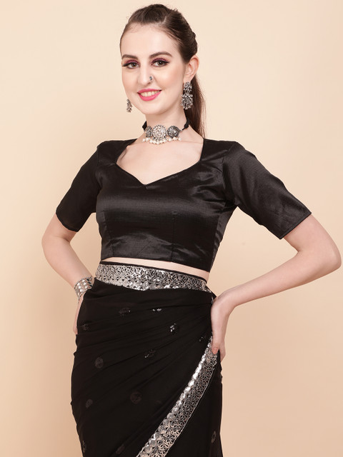 Sangria Black & Silver-Toned Embellished Sequinned Pure Georgette Saree - Image 7