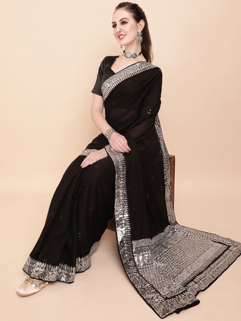 Sangria Black & Silver-Toned Embellished Sequinned Pure Georgette Saree - Image 2
