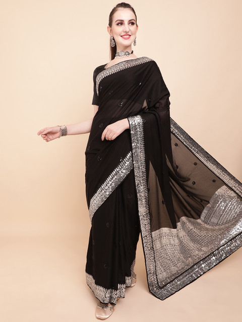 Sangria Black & Silver-Toned Embellished Sequinned Pure Georgette Saree - Image 5