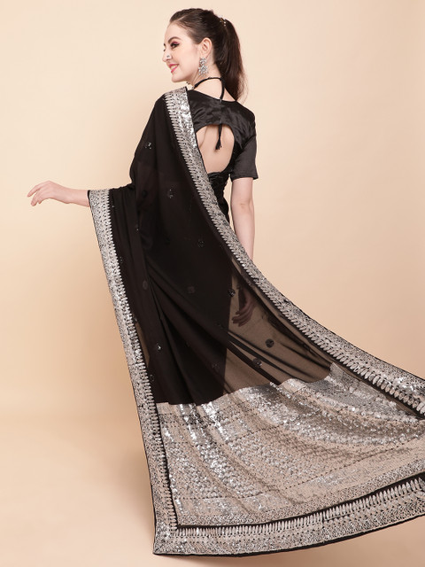 Sangria Black & Silver-Toned Embellished Sequinned Pure Georgette Saree - Image 6