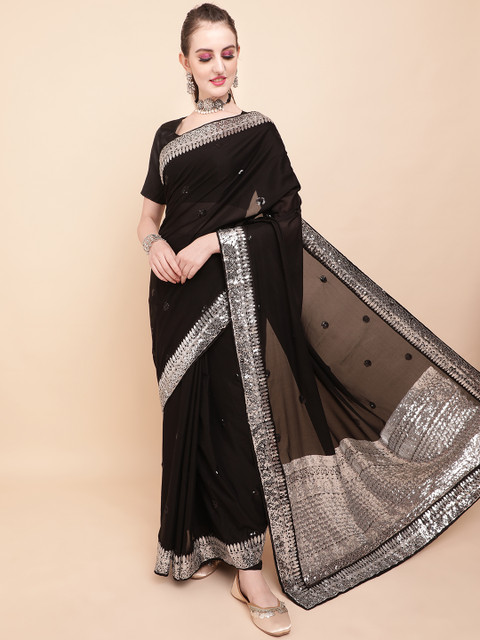 Sangria Black & Silver-Toned Embellished Sequinned Pure Georgette Saree - Image 4