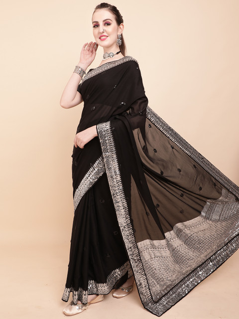 Sangria Black & Silver-Toned Embellished Sequinned Pure Georgette Saree - Image 3