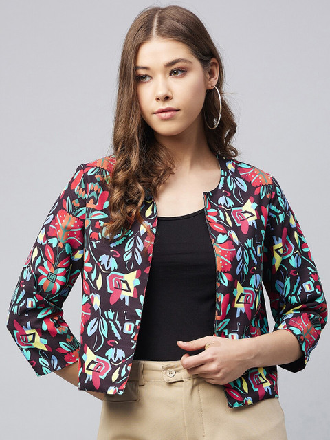 StyleStone Women Black & Blue Printed Open Front Shrug