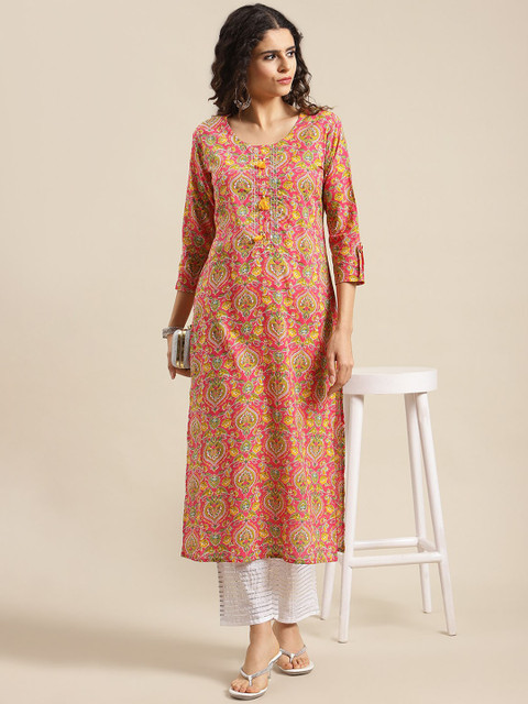 Varanga Women Pink Ethnic Motifs Printed Cotton Kurta - Image 6