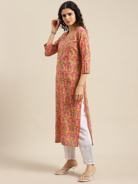 Varanga Women Pink Ethnic Motifs Printed Cotton Kurta - Image 4