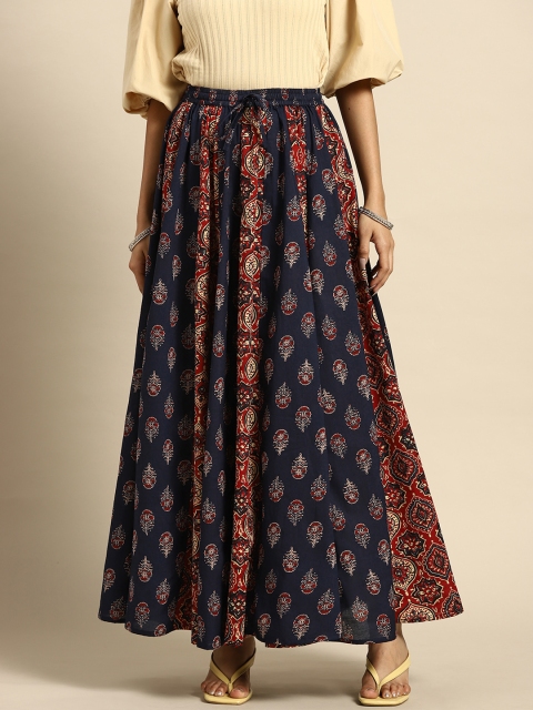anayna Women Navy Blue & Maroon Printed Flared Cotton Maxi Skirt