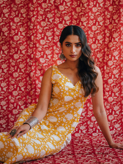 anayna Women Yellow & White Pure Cotton Floral Printed Floral Kurta