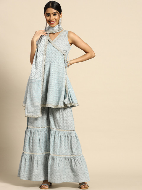 anayna Women Grey & White Floral Printed Angrakha Pure Cotton Kurta with Sharara & Dupatta