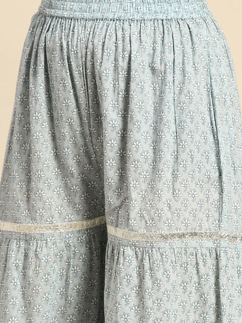 anayna Women Grey & White Floral Printed Angrakha Pure Cotton Kurta with Sharara & Dupatta - Image 3