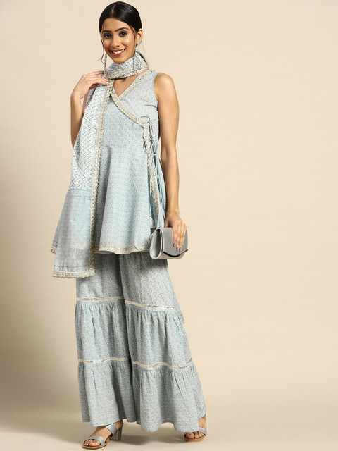 anayna Women Grey & White Floral Printed Angrakha Pure Cotton Kurta with Sharara & Dupatta - Image 7