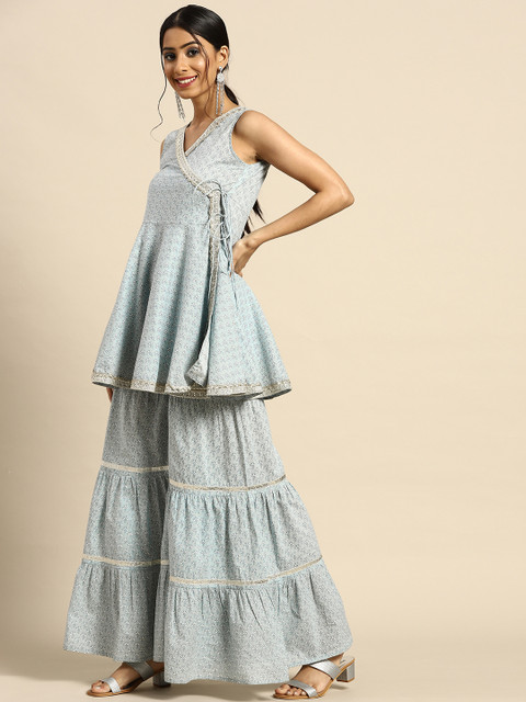 anayna Women Grey & White Floral Printed Angrakha Pure Cotton Kurta with Sharara & Dupatta - Image 5