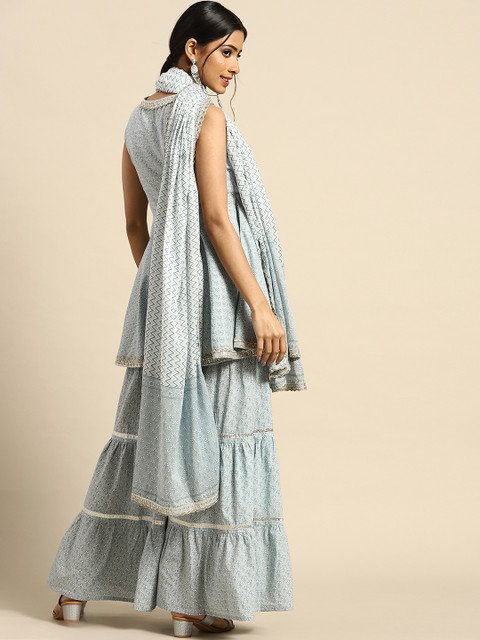 anayna Women Grey & White Floral Printed Angrakha Pure Cotton Kurta with Sharara & Dupatta - Image 6