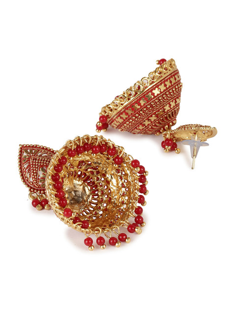 ANIKAS CREATION Red & Gold-Plated Contemporary Jhumkas Earrings - Image 3