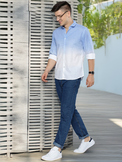 Mast & Harbour Men Blue & White Ombre Dyed Casual Pure Cotton Shirt