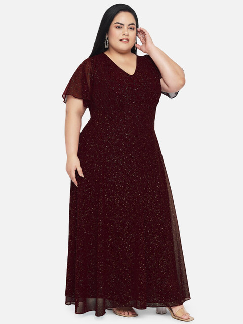 wild U Plus Size Maroon & Gold-Toned Glitter Embellished Georgette Maxi Dress - Image 3