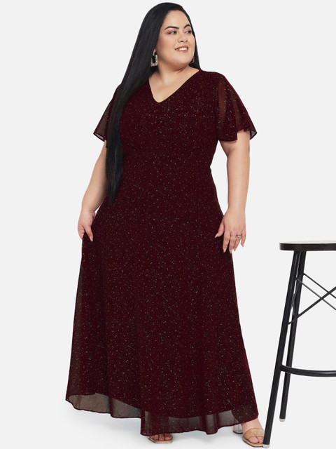 wild U Plus Size Maroon & Gold-Toned Glitter Embellished Georgette Maxi Dress - Image 5