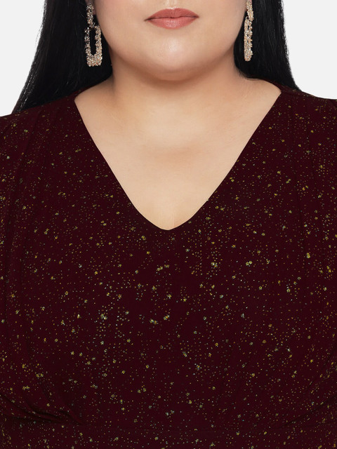 wild U Plus Size Maroon & Gold-Toned Glitter Embellished Georgette Maxi Dress - Image 2