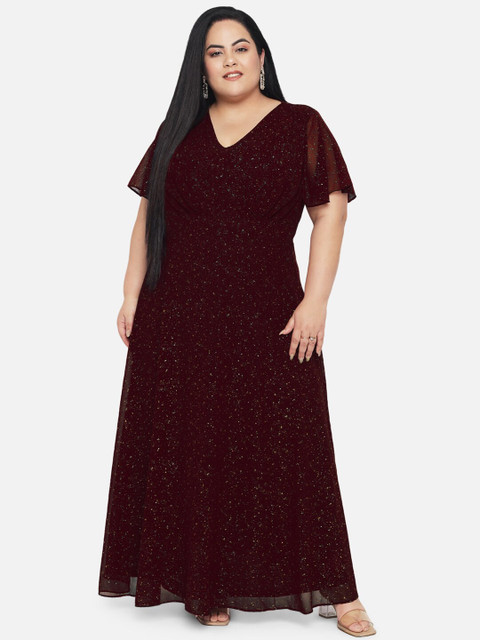 wild U Plus Size Maroon & Gold-Toned Glitter Embellished Georgette Maxi Dress