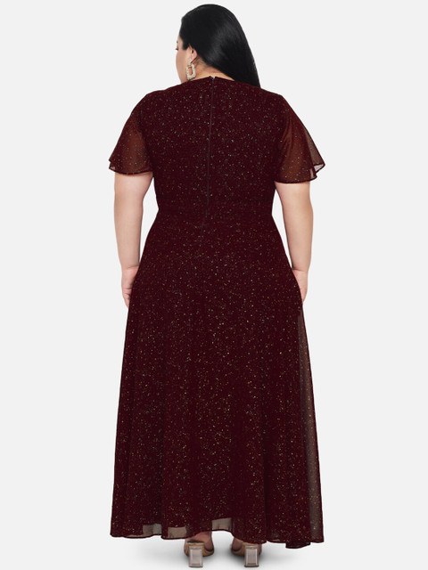 wild U Plus Size Maroon & Gold-Toned Glitter Embellished Georgette Maxi Dress - Image 4