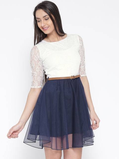 Women White Crepe Colourblocked Lace Fit & Flare Dress