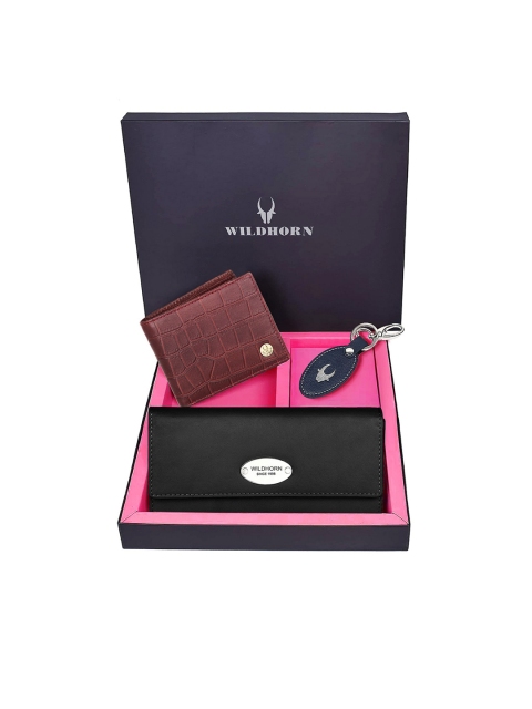 WildHorn Unisex Brown & Black Solid Premium Leather Accessory Gift Set