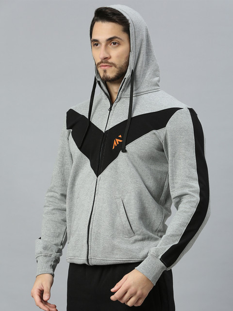 AESTHETIC NATION Men Grey Colourblocked Hooded Sweatshirt - Image 3
