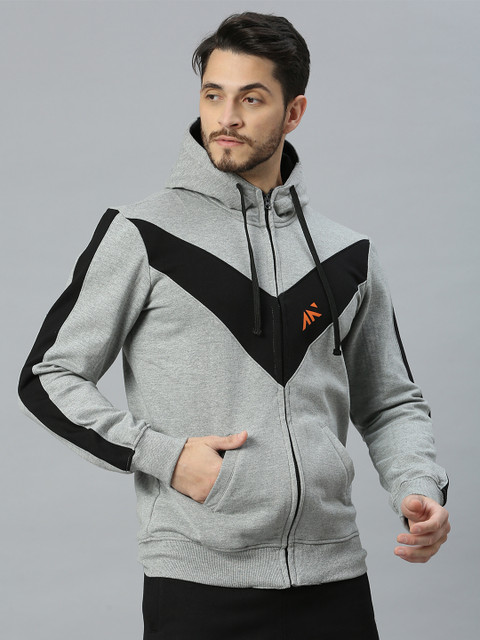 AESTHETIC NATION Men Grey Colourblocked Hooded Sweatshirt - Image 4