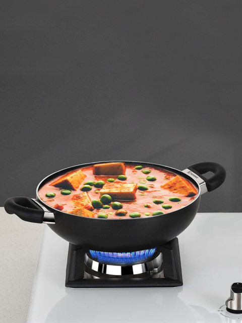 BERGNER Black Aluminium Non-stick Kadai With Glass Lid
