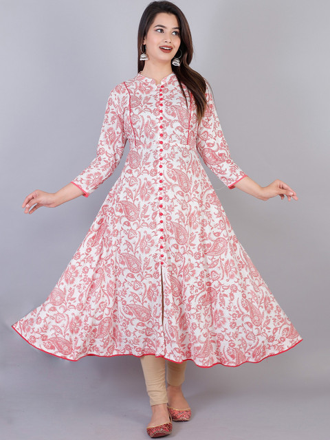 KALINI Women Pink & White Paisley Printed Cotton Anarkali Kurta