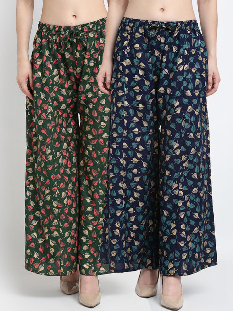 GRACIT Pack of 2 Green & Navy Blue Floral Printed Flared Knitted Ethnic Palazzos