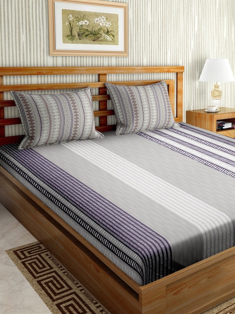 BELLA CASA Grey & White Striped 180 TC King Bedsheet with 2 Pillow Covers