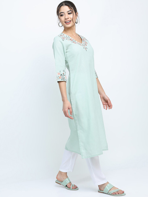 Vishudh Women Green Ethnic Motifs Embroidered Thread Work Cotton Kurta - Image 3