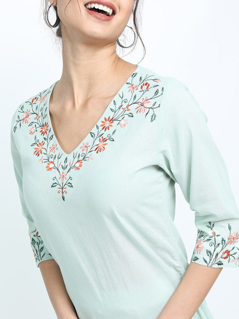 Vishudh Women Green Ethnic Motifs Embroidered Thread Work Cotton Kurta - Image 2