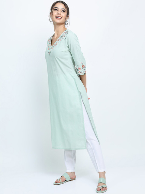 Vishudh Women Green Ethnic Motifs Embroidered Thread Work Cotton Kurta - Image 5