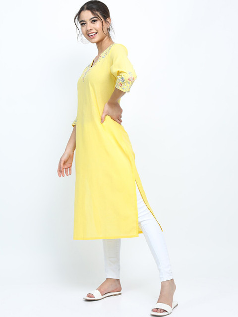 Vishudh Women Yellow Floral Embroidered Kurta - Image 3