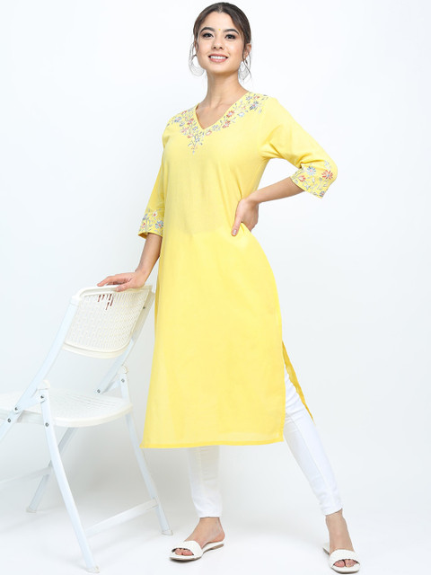 Vishudh Women Yellow Floral Embroidered Kurta - Image 5
