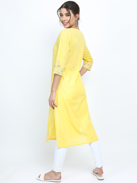 Vishudh Women Yellow Floral Embroidered Kurta - Image 4