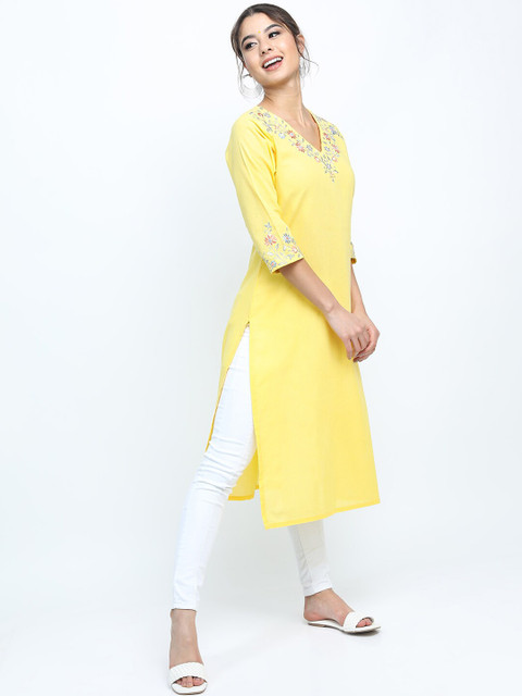 Vishudh Women Yellow Floral Embroidered Kurta