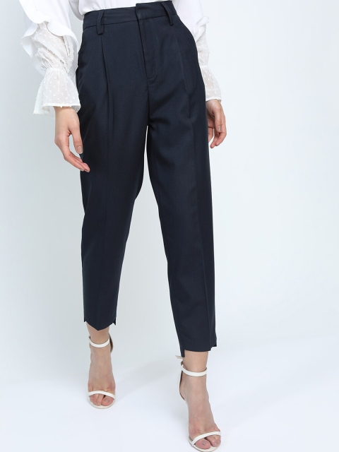 CHIC BY TOKYO TALKIES Women Navy Blue Tapered Fit Pleated Trousers