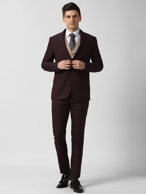 Peter England Elite Men Brown Self-Design Single-Breasted Regular-Fit Three-Piece Suit