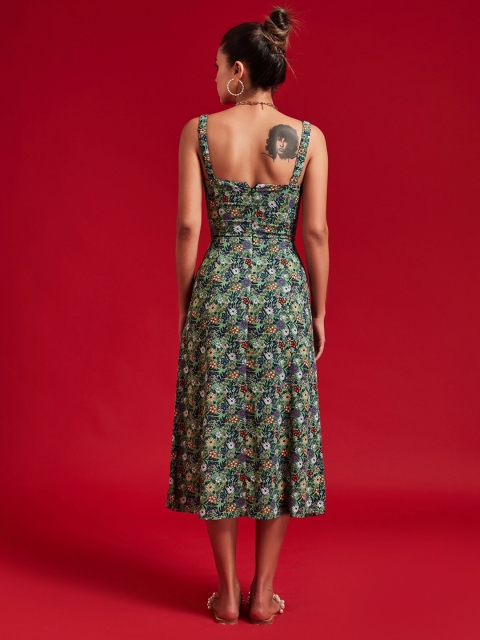 THE CLOTHING FACTORY Green Floral Printed A-Line Midi Dress - Image 4