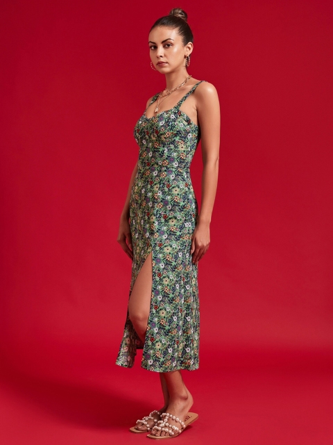 THE CLOTHING FACTORY Green Floral Printed A-Line Midi Dress - Image 3